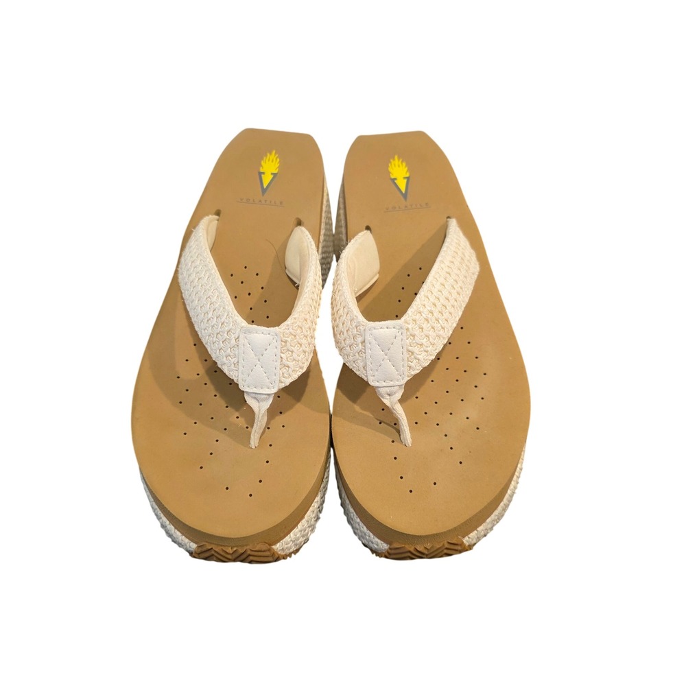 Volatile Womens Platform Wedge Chunky Thong Sandals Tan Off White Woven Size 9 - Picture 2 of 10